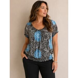 LR2203 Women’s Black White Blue Floral Peasant Blouse Size 18 Boho Top